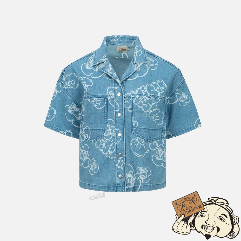 Women Evisu ALLOVER GRAFFITI DARUMA AND LOGO DISCHARGED-PRINT DENIM SHIRT Indigo | 485BUNTIC