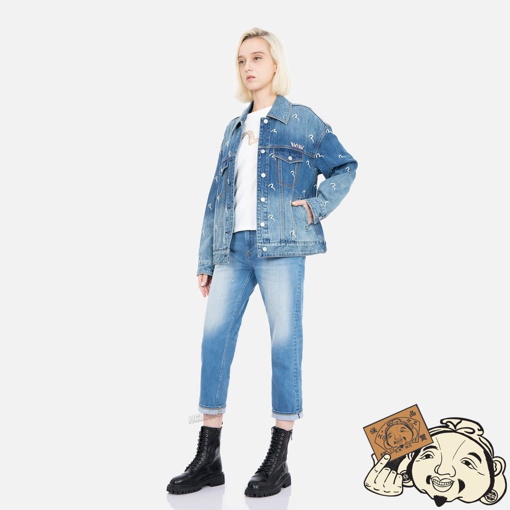 Women Evisu ALLOVER SEAGULL EMBROIDERY DENIM JACKET Indigo | 629JLMQBY