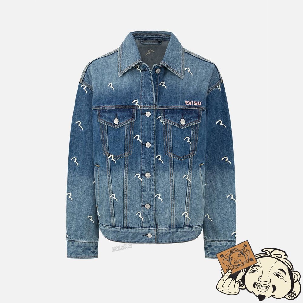 Women Evisu ALLOVER SEAGULL EMBROIDERY DENIM JACKET Indigo | 629JLMQBY