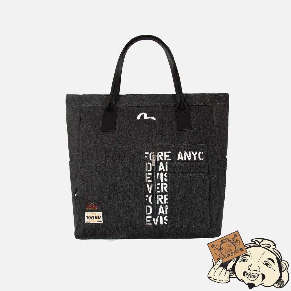 Women Evisu AUTO-RACING STYLE LOGO PRINT DENIM TOTE BAG Noir | 108TYUXIF