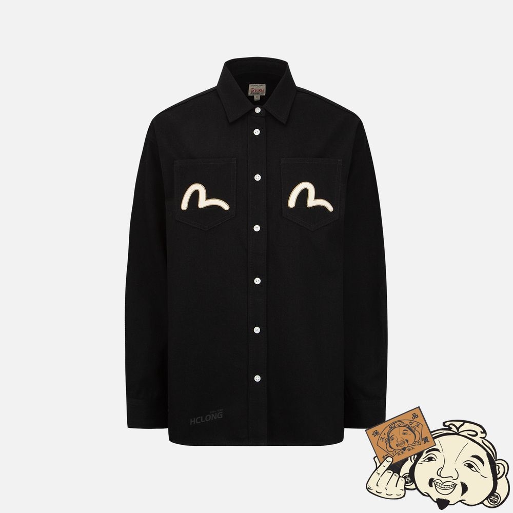 Women Evisu BROCADE KAMON FOIL-PRINT DENIM SHIRT Noir | 148NYQTMU