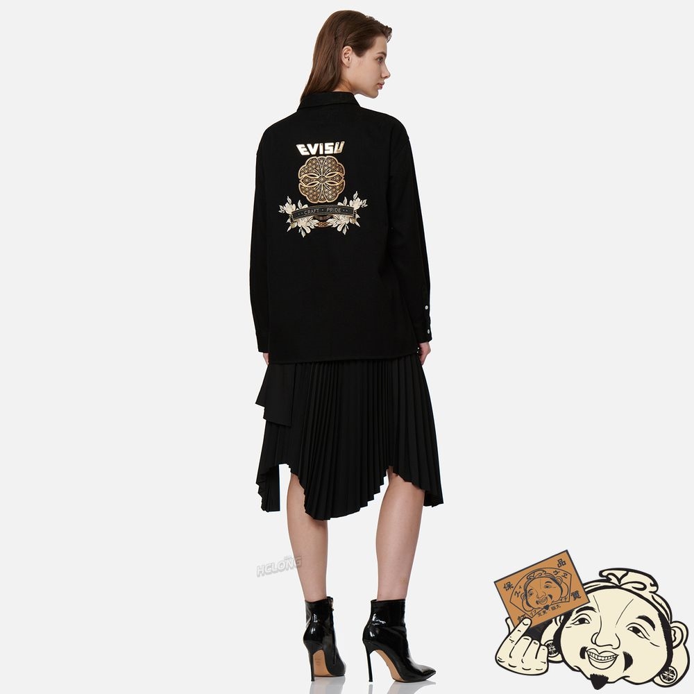 Women Evisu BROCADE KAMON FOIL-PRINT DENIM SHIRT Noir | 148NYQTMU