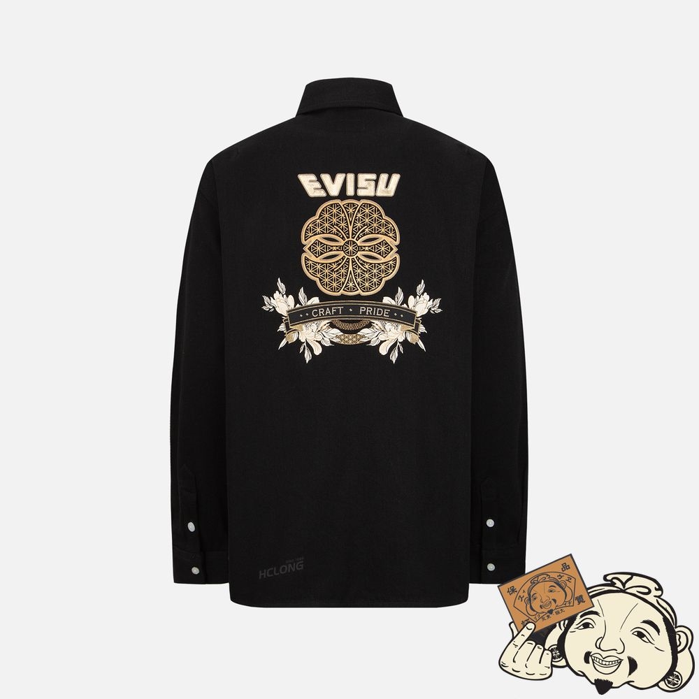 Women Evisu BROCADE KAMON FOIL-PRINT DENIM SHIRT Noir | 148NYQTMU