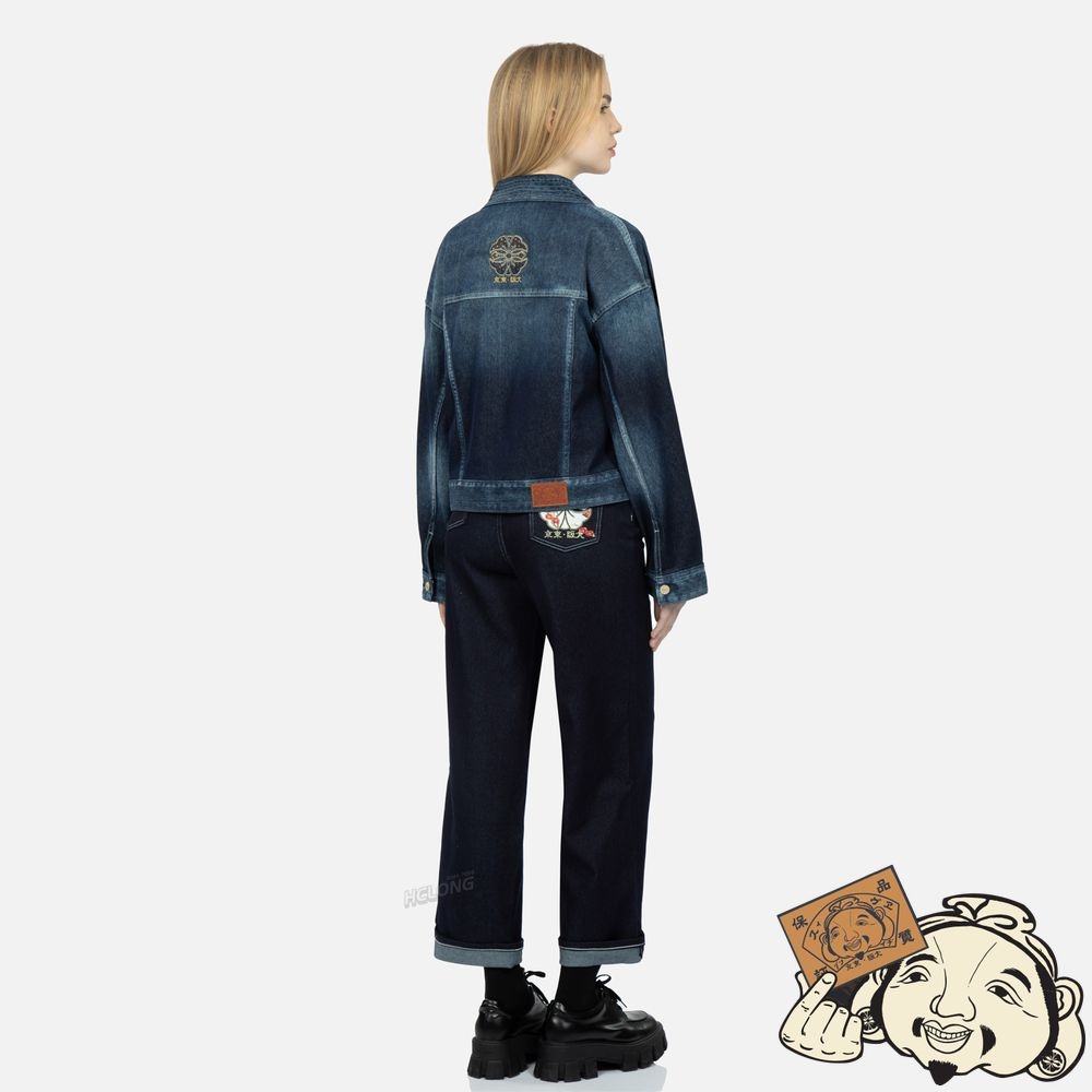 Women Evisu BROCADE-PATTERN SEAGULL AND KAMON APPLIQUÉ DENIM KIMONO JACKET Indigo | 978MZXUWE