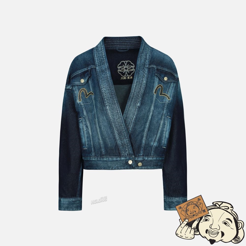 Women Evisu BROCADE-PATTERN SEAGULL AND KAMON APPLIQUÉ DENIM KIMONO JACKET Indigo | 978MZXUWE