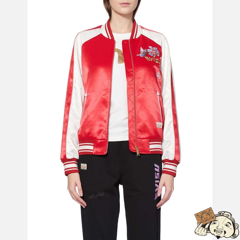 Women Evisu BUTTERFLY AND FLORAL EMBROIDERED SOUVENIR JACKET Rouge | 490HDXUJS