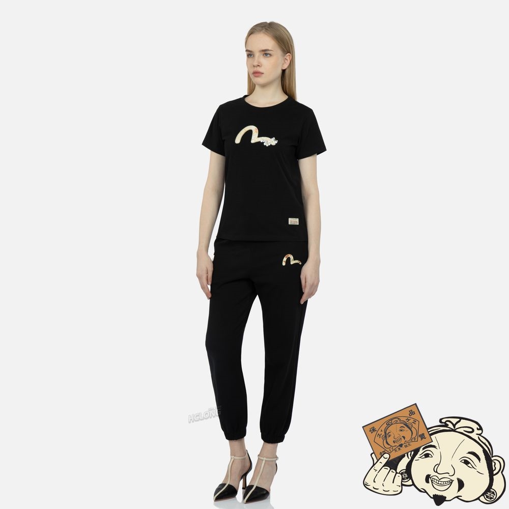 Women Evisu Brocade Seagull Appliqué T-shirt Noir | 496MTFILO
