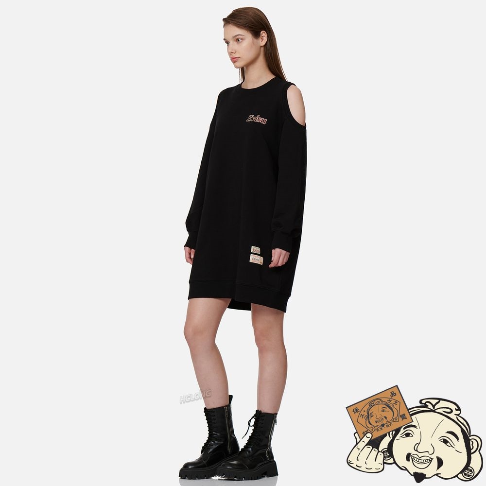 Women Evisu COLD SHOULDER SWEATSHIRT DRESS Noir | 189GHFWYR