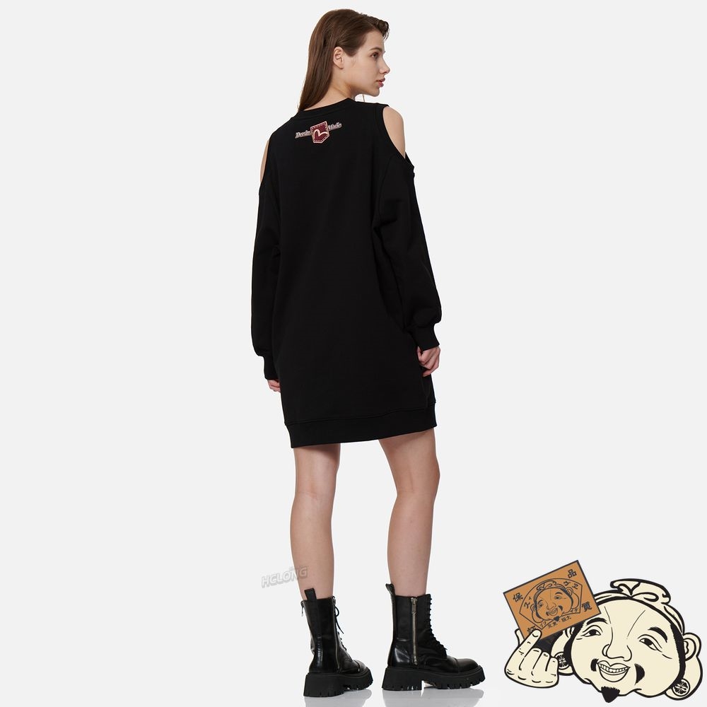 Women Evisu COLD SHOULDER SWEATSHIRT DRESS Noir | 189GHFWYR
