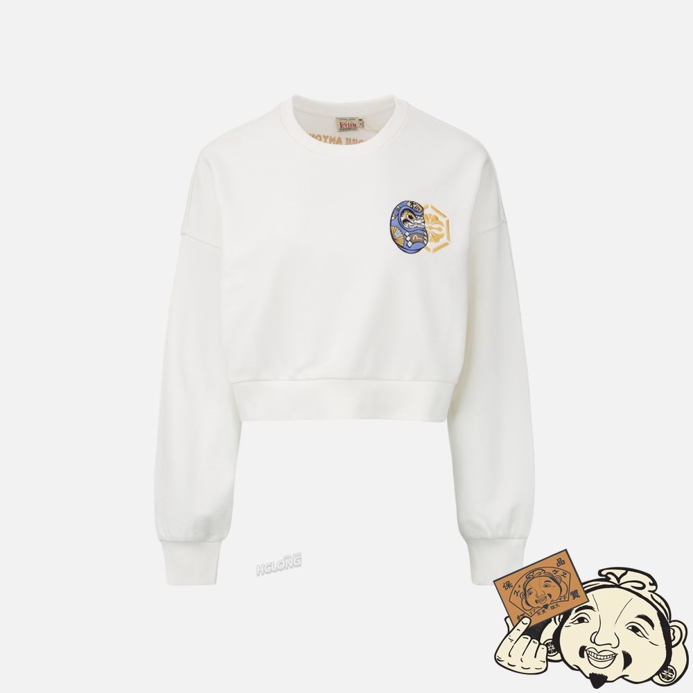 Women Evisu DARUMA AND KAMON EMBROIDERY CROPPED SWEATSHIRT Blanche | 709UKTCNS