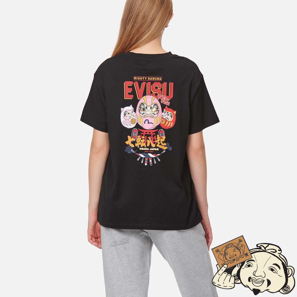 Women Evisu DARUMA BUDDIES PRINT T-SHIRT Noir | 654EJVNCQ