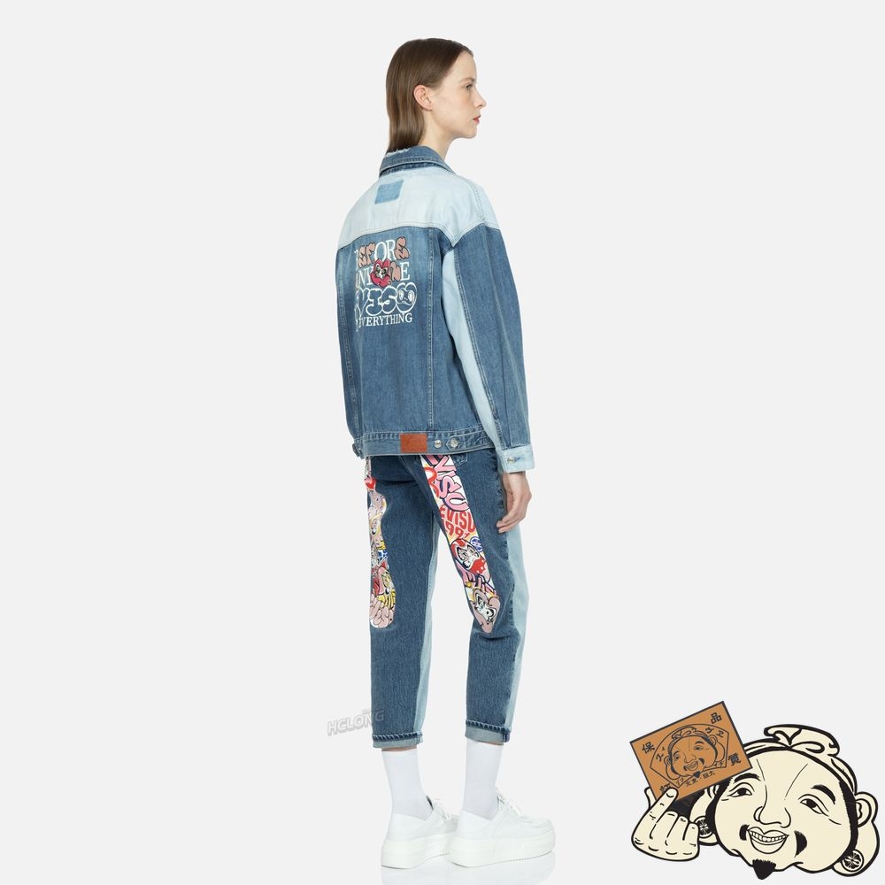 Women Evisu DARUMA WITH BRAND MOTTO TWO-TONE DENIM JACKET Indigo | 219EDUXWV