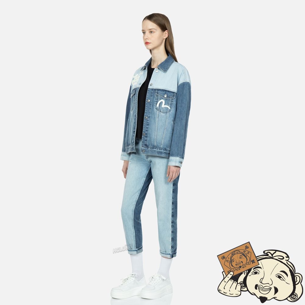 Women Evisu DARUMA WITH BRAND MOTTO TWO-TONE DENIM JACKET Indigo | 219EDUXWV