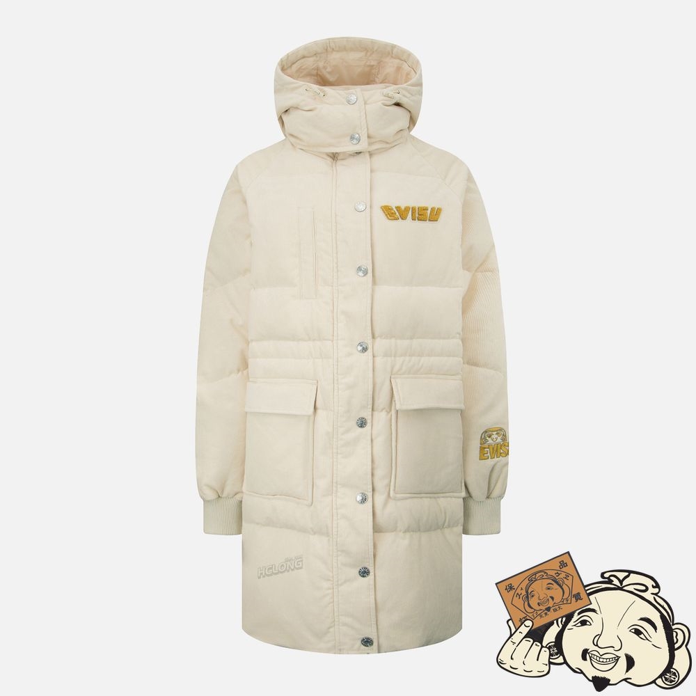 Women Evisu EVISU SQUAD EMBROIDERY CORDUROY DOWN COAT Blanche | 324WZRHAT