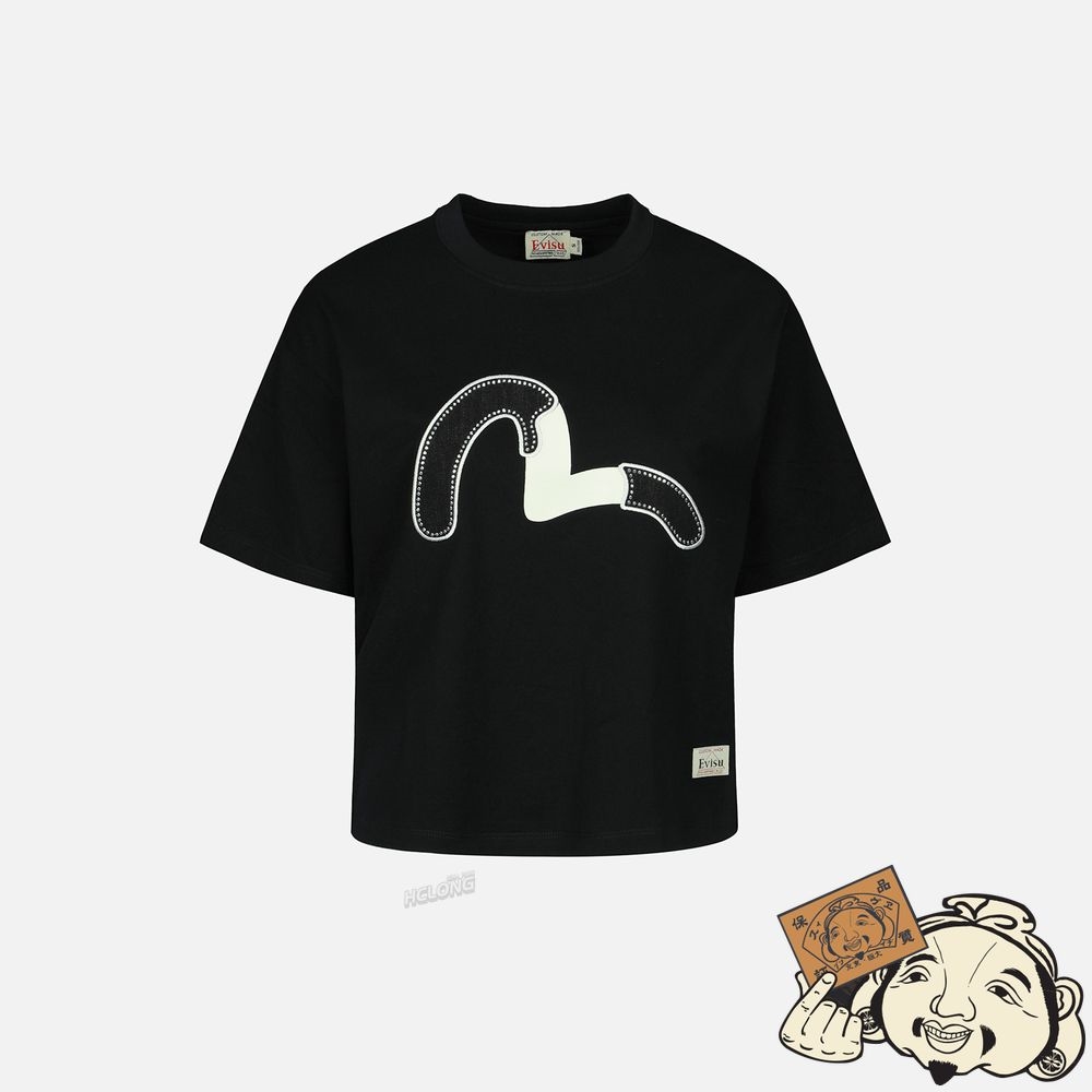 Women Evisu Embellished Denim Seagull Appliqué T-shirt Noir | 019ZYVWKS
