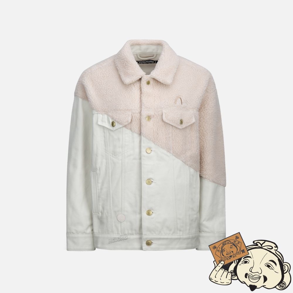 Women Evisu FABRIC BLOCKING SHERPA FLEECE DENIM JACKET Beige | 784OCVKGF