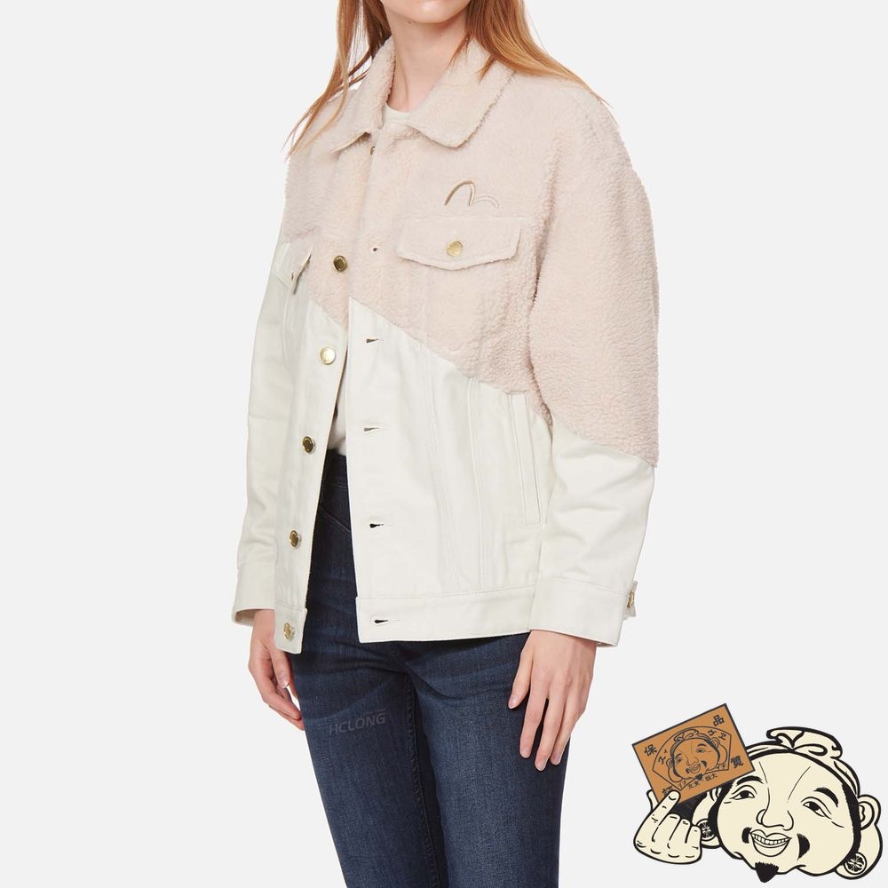 Women Evisu FABRIC BLOCKING SHERPA FLEECE DENIM JACKET Beige | 784OCVKGF