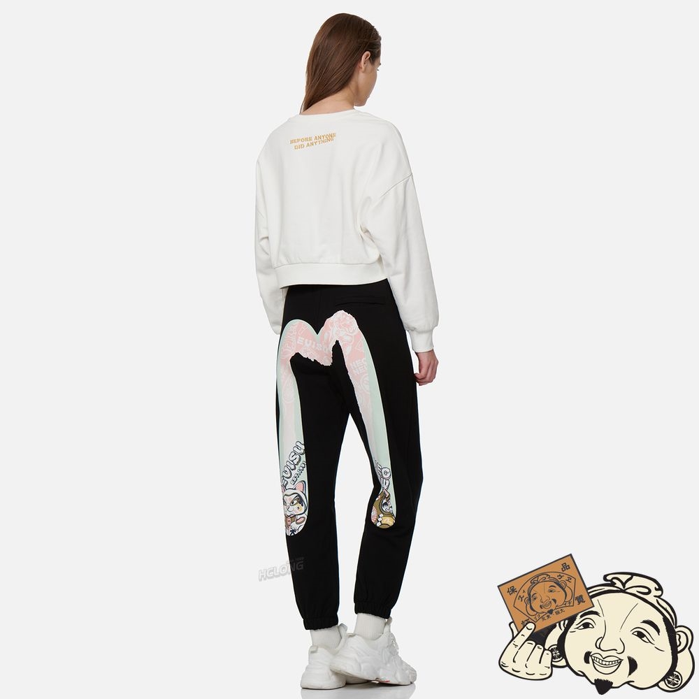 Women Evisu FORTUNE CAT AND DARUMA DOUBLE DAICOCK PRINT SWEATPANTS Noir | 128NJTKPY