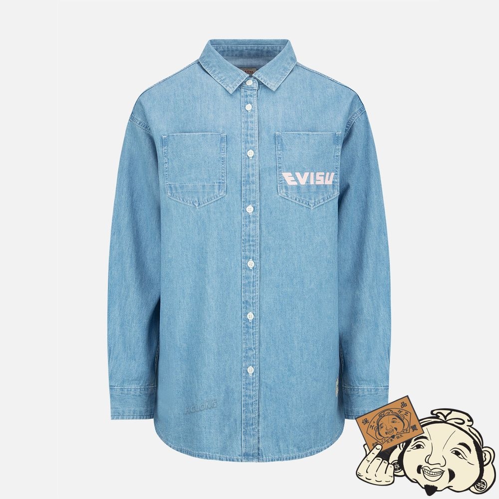 Women Evisu FORTUNE CAT WITH DARUMA PRINT DENIM SHIRT Indigo | 693EKQXBP