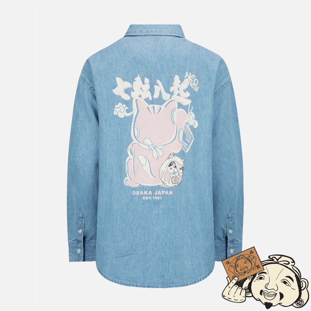 Women Evisu FORTUNE CAT WITH DARUMA PRINT DENIM SHIRT Indigo | 693EKQXBP