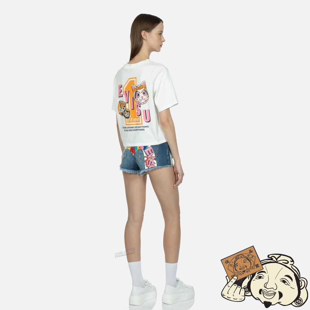 Women Evisu FORTUNE CAT WITH TAIKO DARUMA PRINT T-SHIRT Blanche | 238PFLXMC
