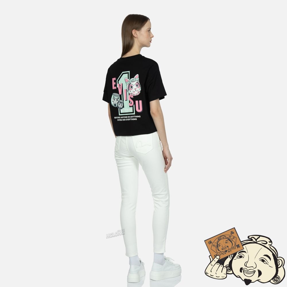 Women Evisu FORTUNE CAT WITH TAIKO DARUMA PRINT T-SHIRT Noir | 734EBUYLG