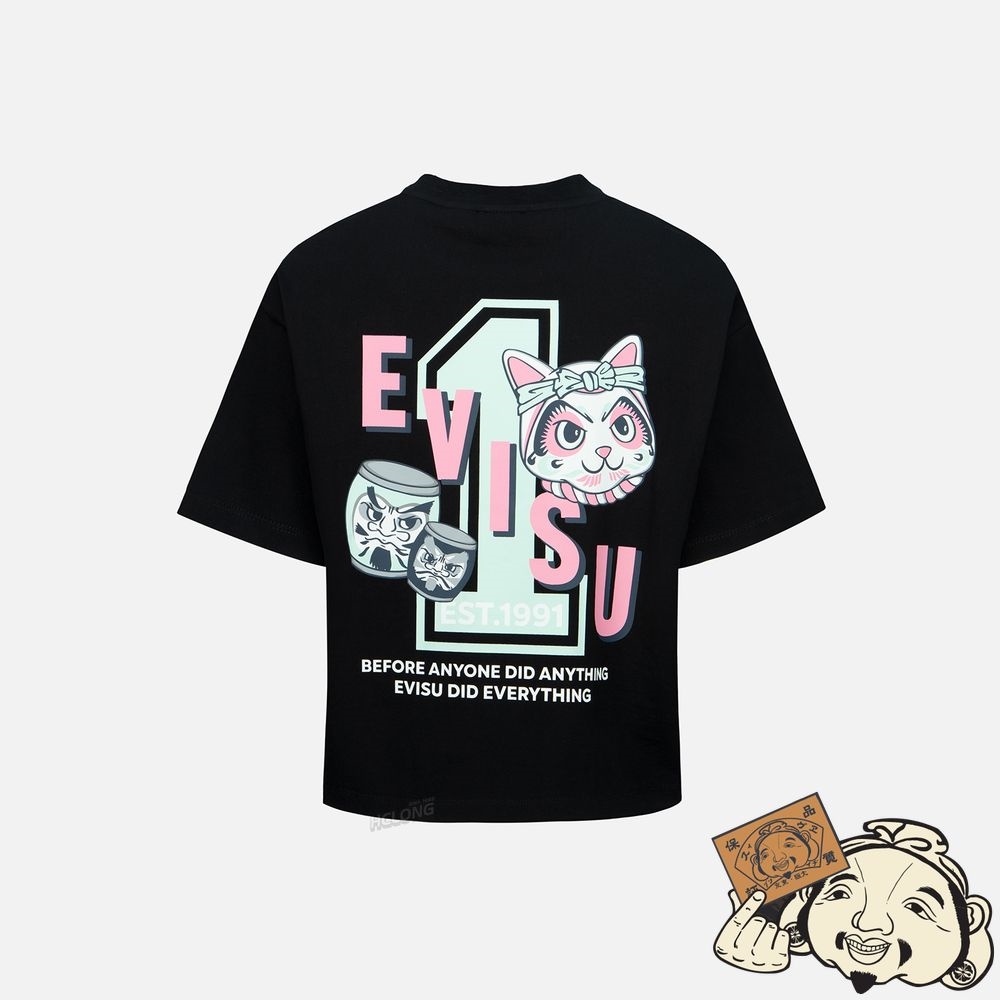Women Evisu FORTUNE CAT WITH TAIKO DARUMA PRINT T-SHIRT Noir | 734EBUYLG