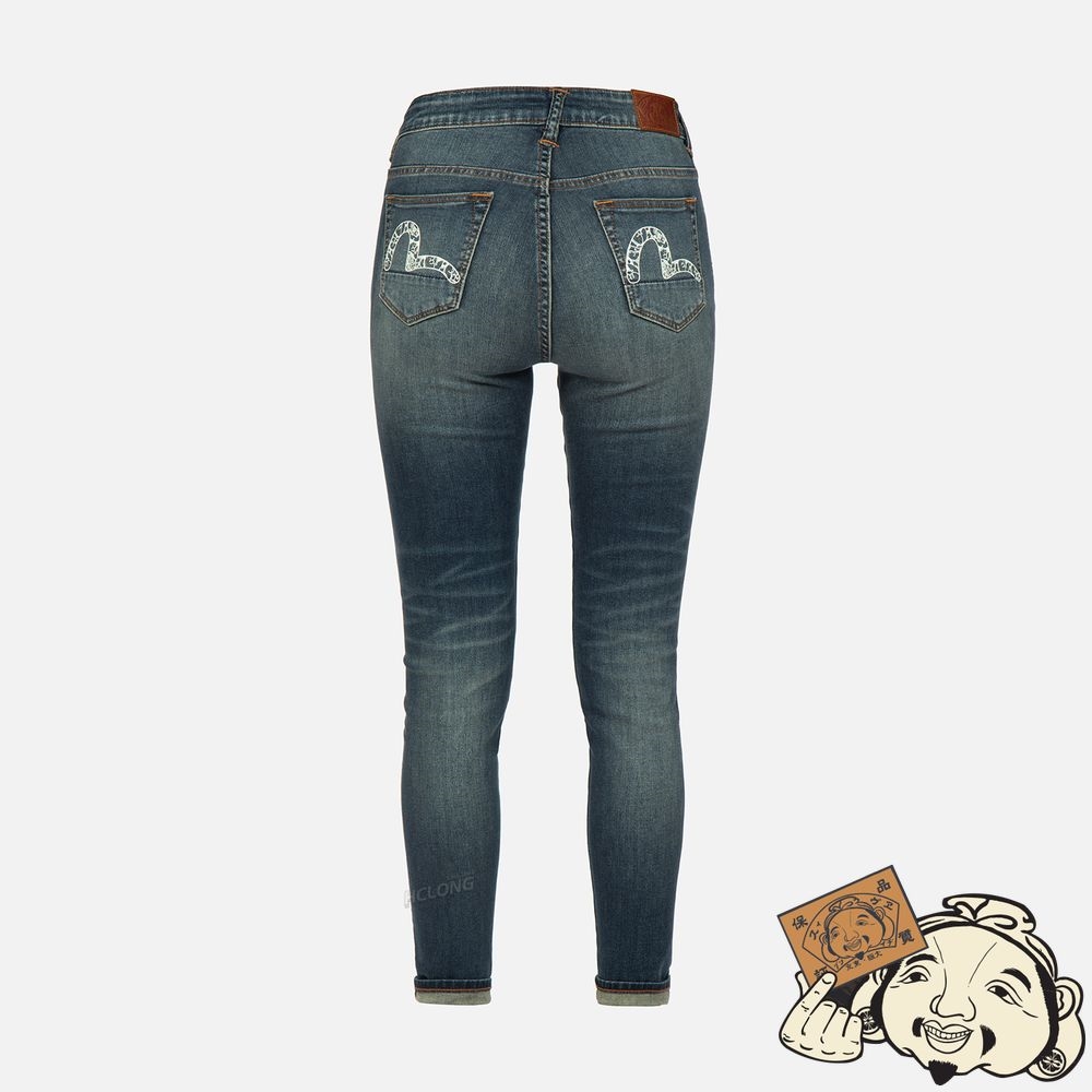 Women Evisu GRAFFITI DARUMA AND LOGO-PATTERN SEAGULL SKINNY JEANS Indigo | 063FGMJZR