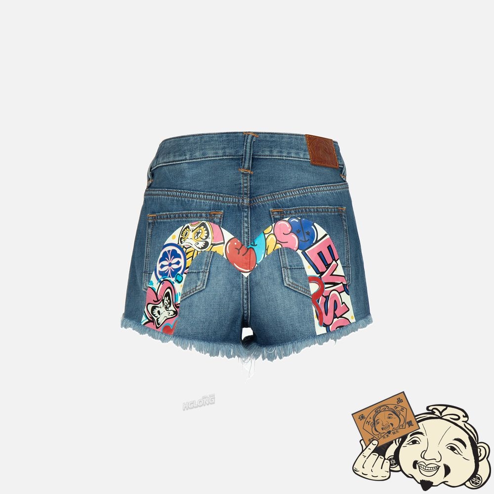 Women Evisu GRAFFITI DARUMA DAICOCK PRINT DENIM SHORTS Indigo | 408GHXFED