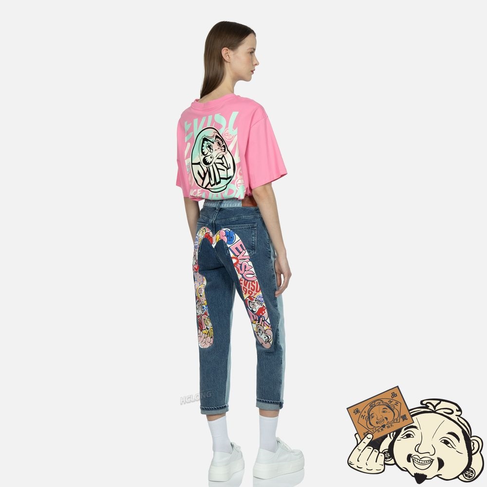 Women Evisu GRAFFITI DARUMA DAICOCK PRINT TWO-TONE JEANS Indigo | 597SUKPVN