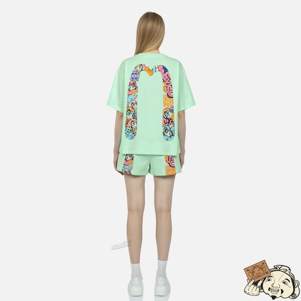 Women Evisu GRAFFITI DARUMA DAICOCK PRINT T-SHIRT Vert Clair | 713JNOBDX