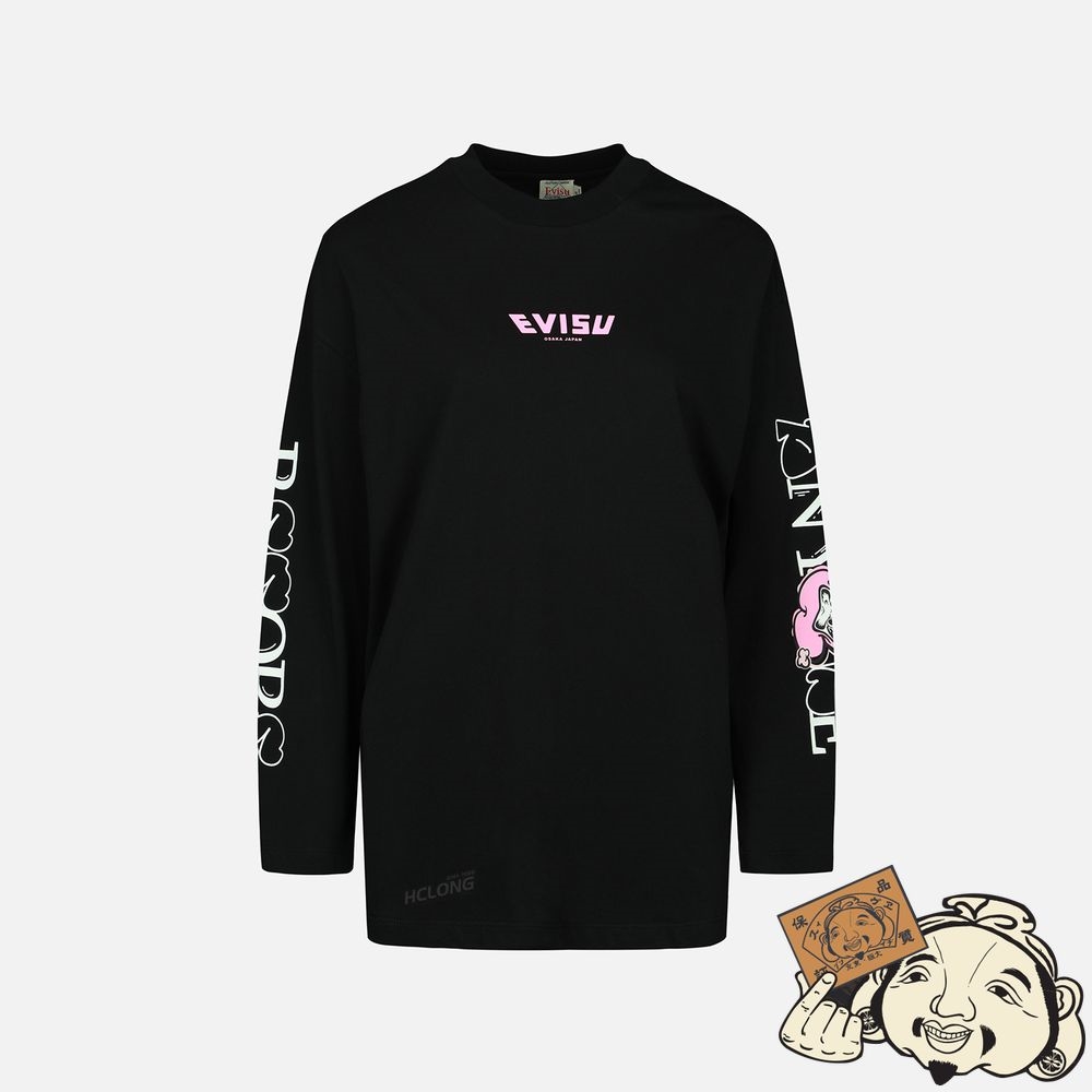 Women Evisu GRAFFITI DARUMA SLOGAN PRINT LONG-SLEEVE T-SHIRT Noir | 281WLSVUO