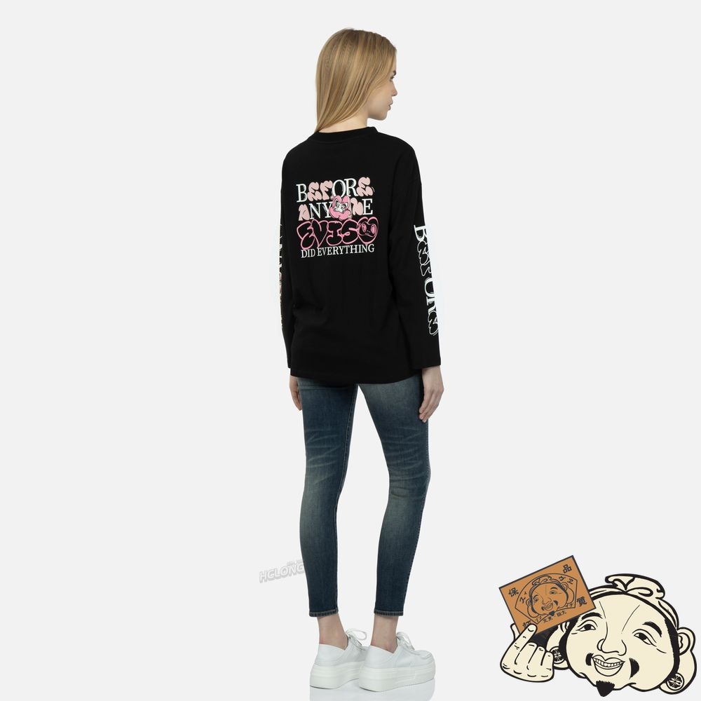 Women Evisu GRAFFITI DARUMA SLOGAN PRINT LONG-SLEEVE T-SHIRT Noir | 281WLSVUO