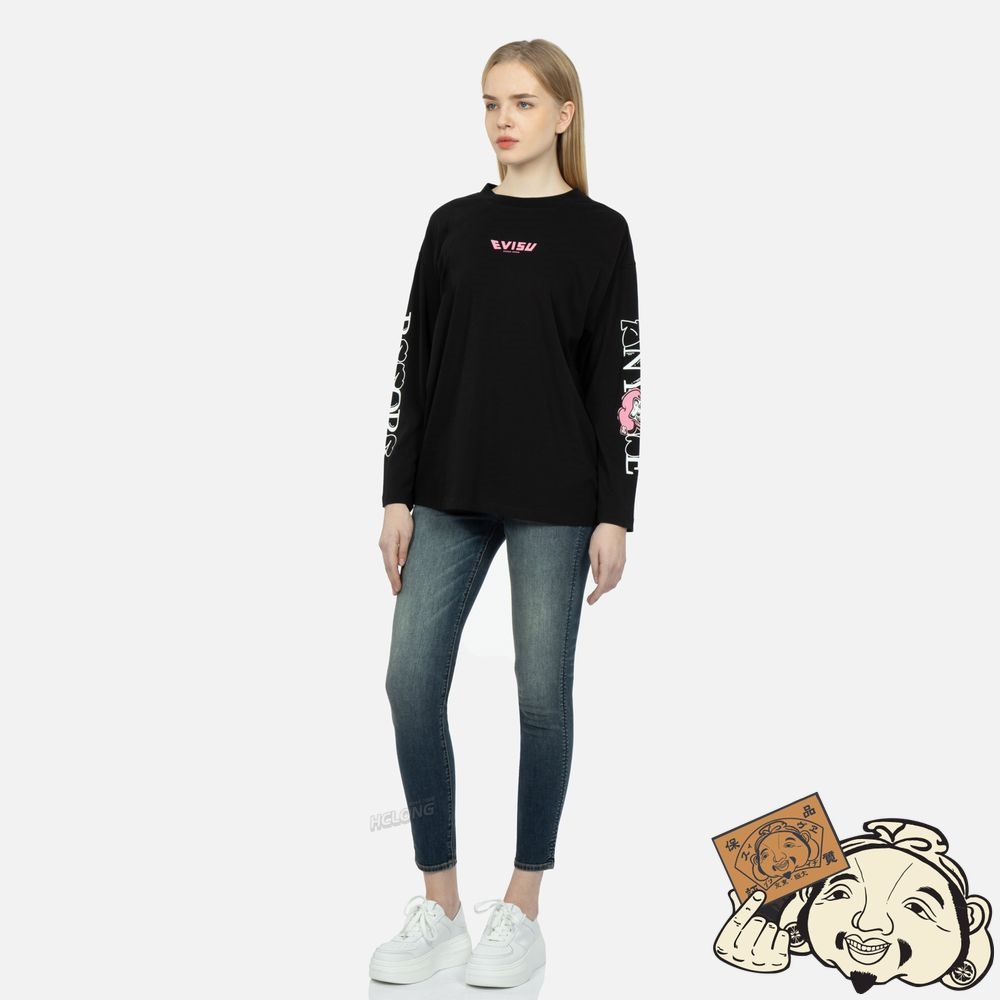 Women Evisu GRAFFITI DARUMA SLOGAN PRINT LONG-SLEEVE T-SHIRT Noir | 281WLSVUO