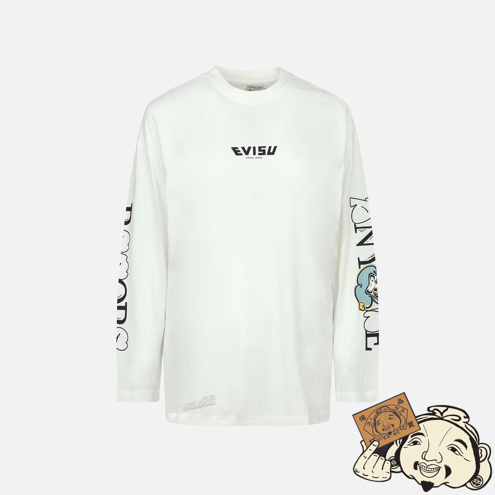 Women Evisu GRAFFITI DARUMA SLOGAN PRINT LONG-SLEEVE T-SHIRT Blanche | 612QRSOLX