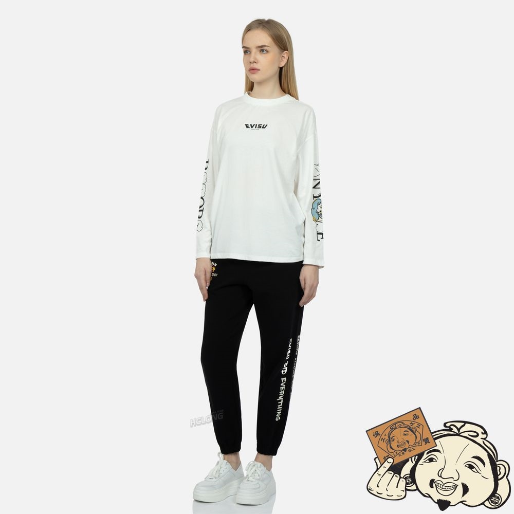 Women Evisu GRAFFITI DARUMA SLOGAN PRINT LONG-SLEEVE T-SHIRT Blanche | 612QRSOLX