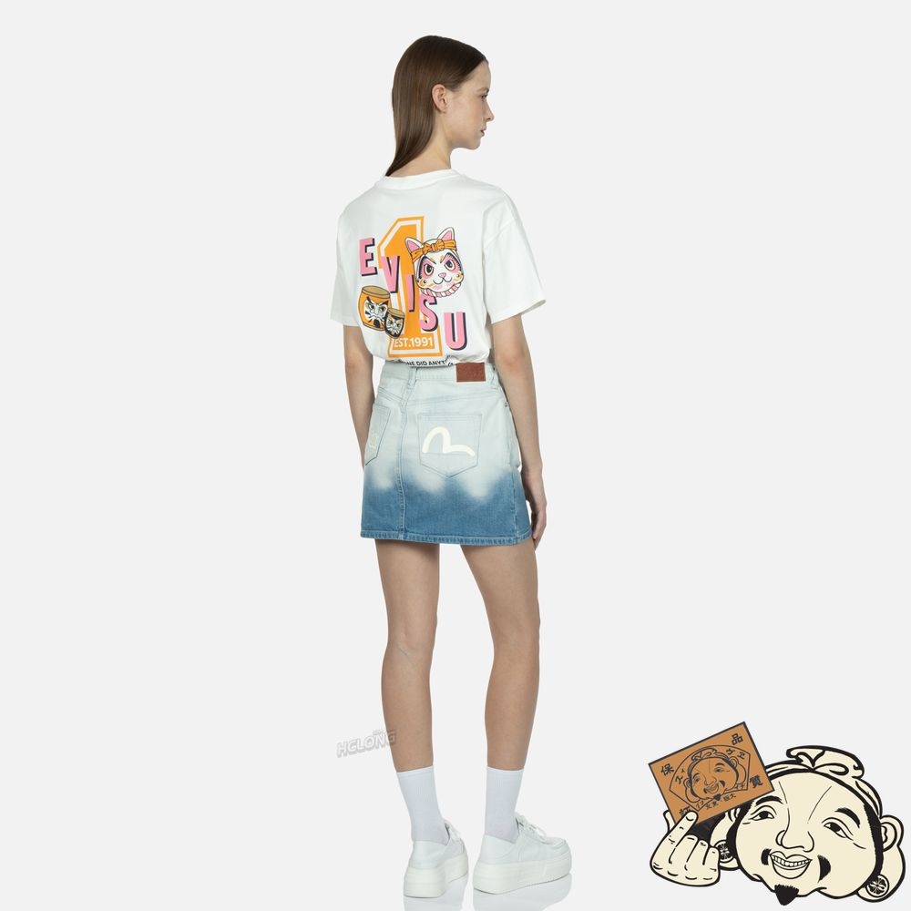 Women Evisu GRAFFITI LOGO AND SEAGULL PRINT BLEACHED DENIM SKIRT Indigo | 431RJEMWP