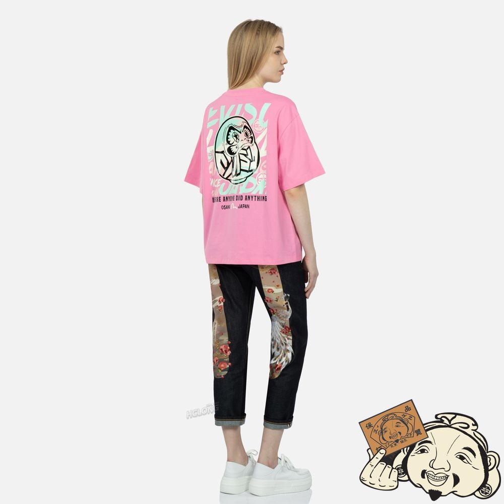 Women Evisu Graffiti Daruma and Seagull Print T-shirt Rose | 017YMASUI