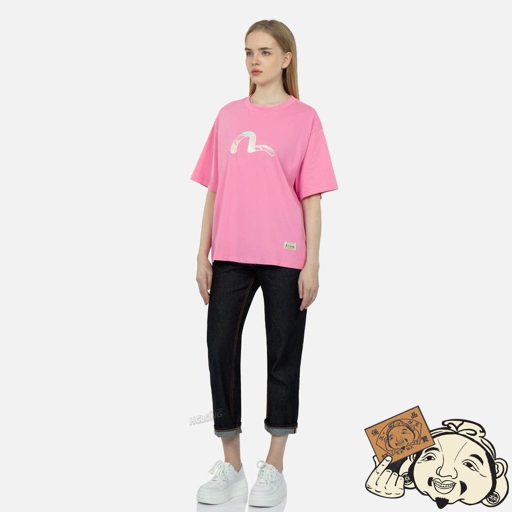 Women Evisu Graffiti Daruma and Seagull Print T-shirt Rose | 017YMASUI