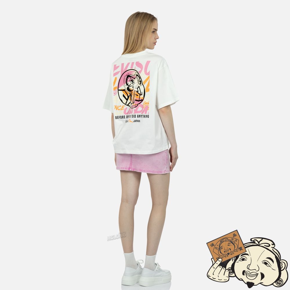 Women Evisu Graffiti Daruma and Seagull Print T-shirt Blanche | 985ANDRLQ