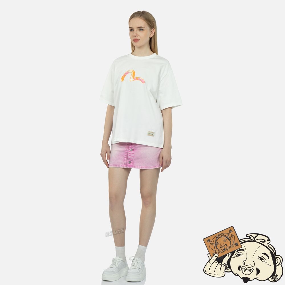 Women Evisu Graffiti Daruma and Seagull Print T-shirt Blanche | 985ANDRLQ