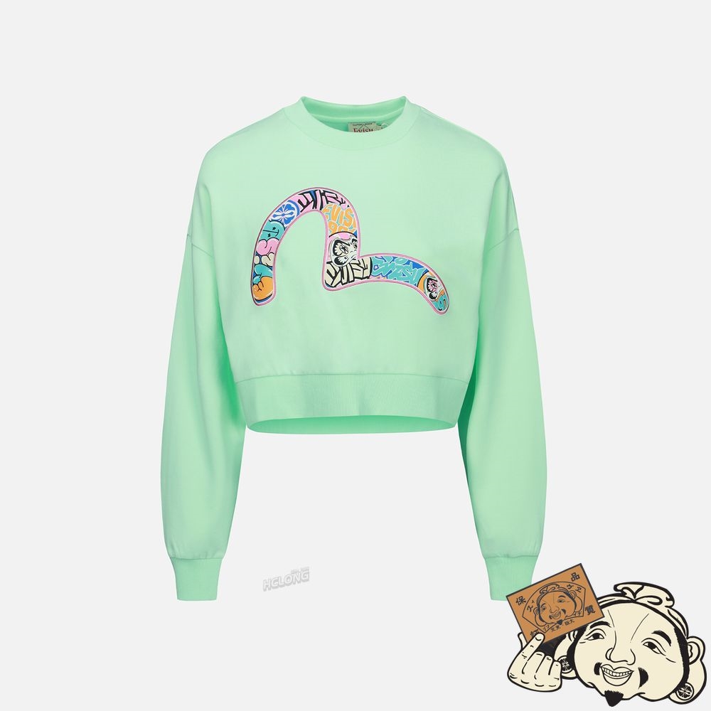 Women Evisu Graffiti Daruma-pattern Seagull Print Cropped Sweatshirt Vert Clair | 031OSXFIP