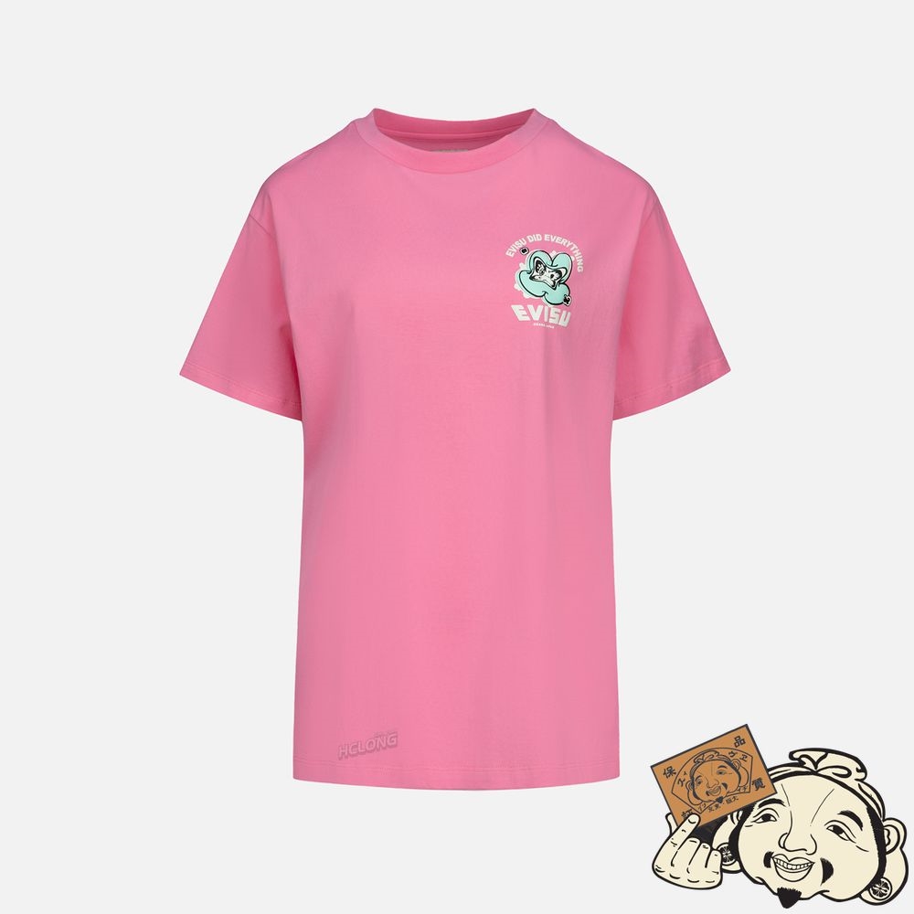 Women Evisu Graffiti Logo and Daruma Print Boyfriend T-shirt Rose | 083BGWJRS