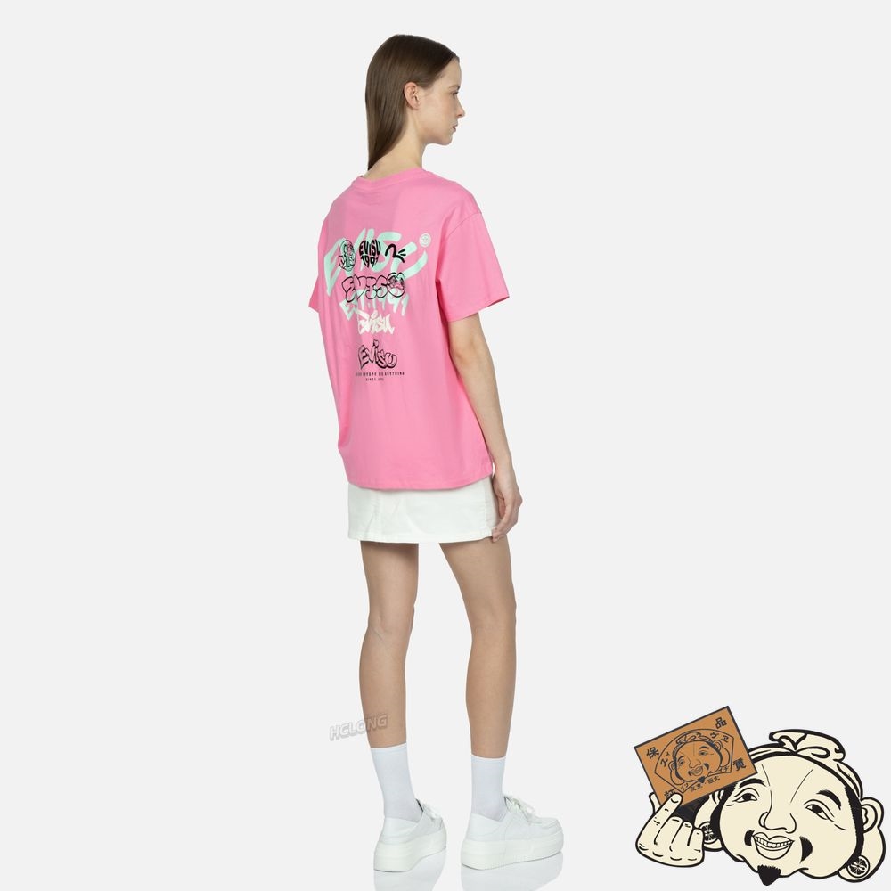 Women Evisu Graffiti Logo and Daruma Print Boyfriend T-shirt Rose | 083BGWJRS