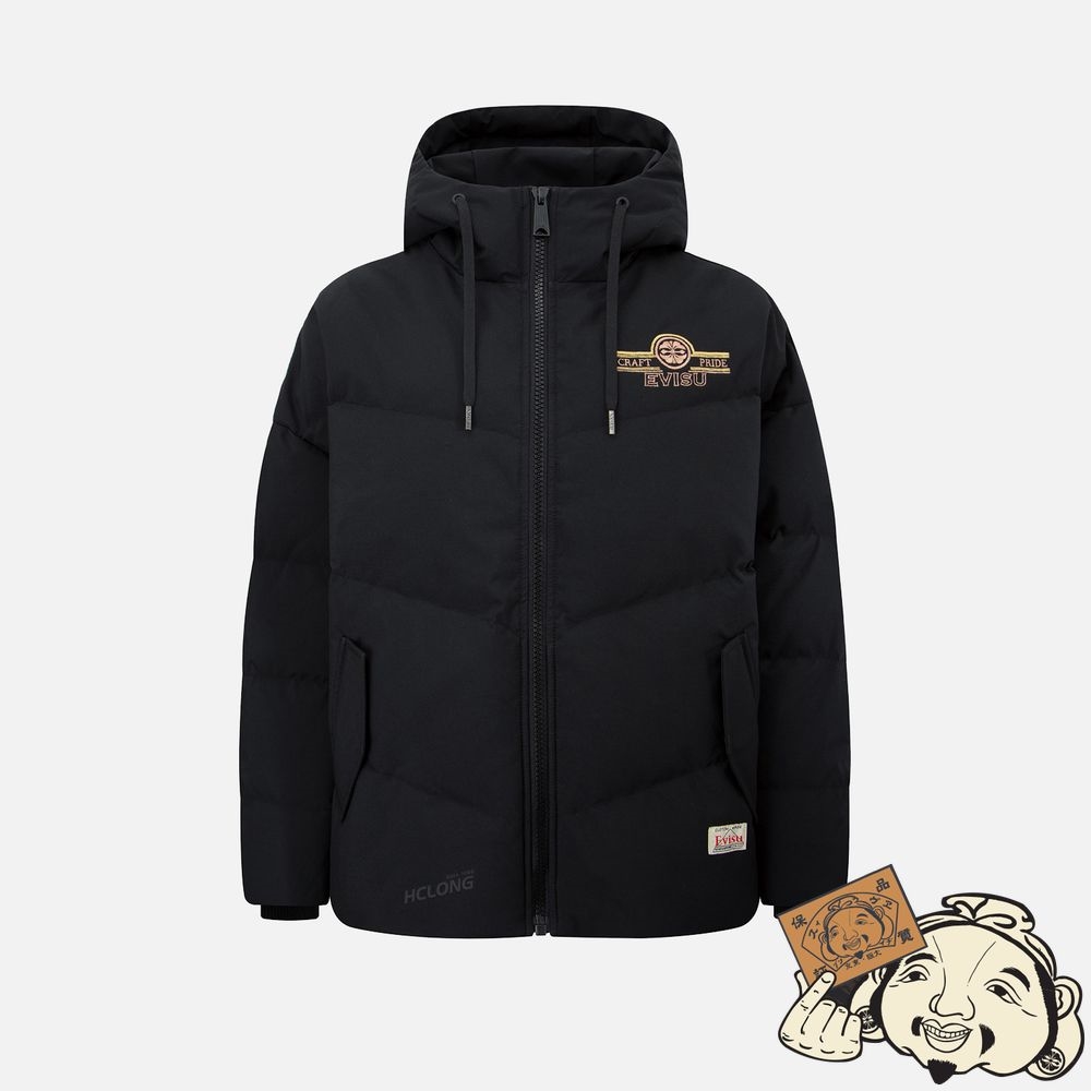 Women Evisu JAPANESE PATTERN KAMON EMBROIDERY DOWN JACKET Noir | 308UQHMJL