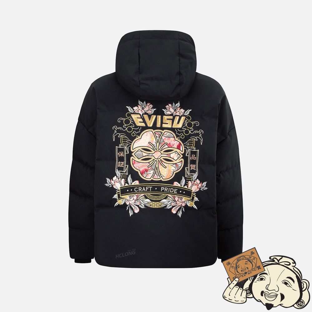 Women Evisu JAPANESE PATTERN KAMON EMBROIDERY DOWN JACKET Noir | 308UQHMJL