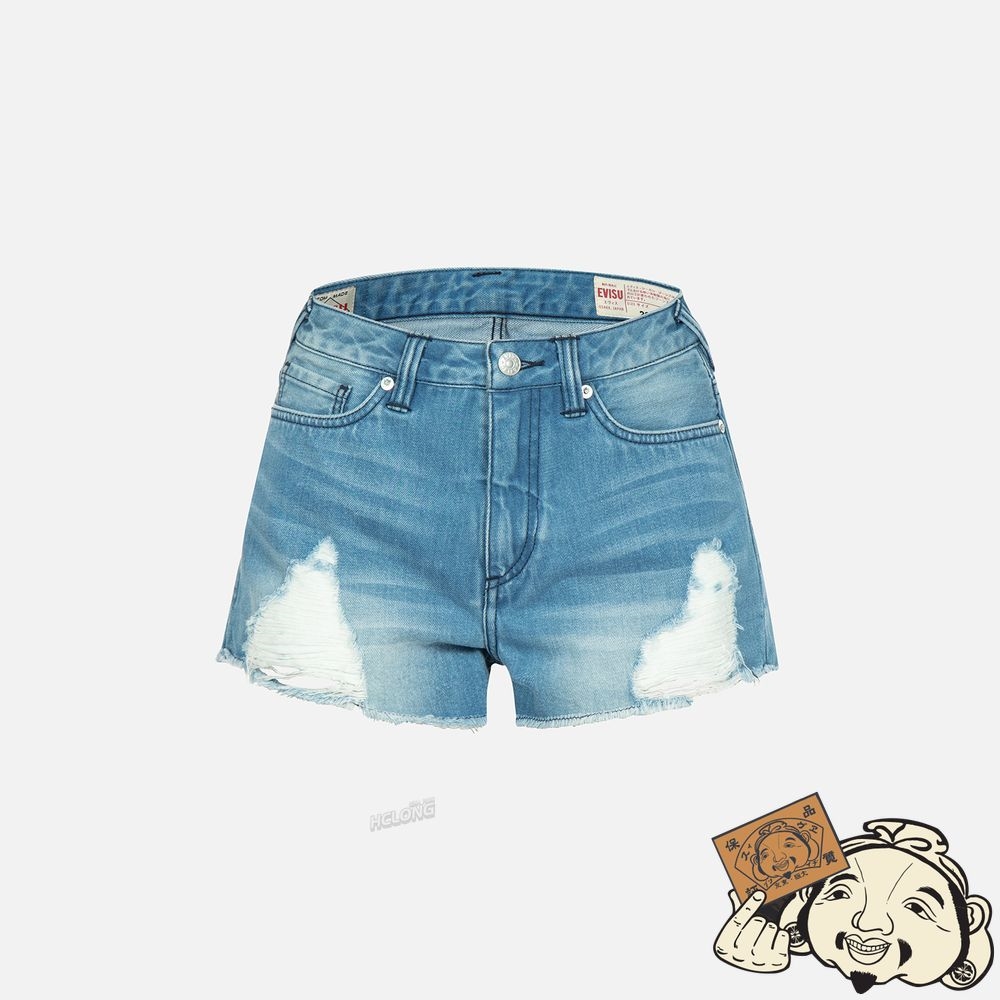 Women Evisu KAMON AND GODHEAD-PATTERN DAICOCK PRINT DENIM SHORTS Indigo | 168BQXEHA