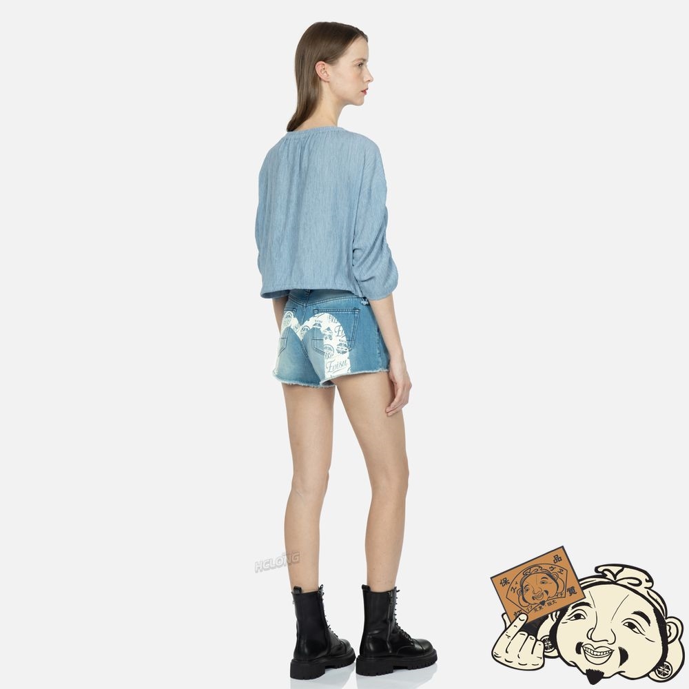 Women Evisu KAMON AND GODHEAD-PATTERN DAICOCK PRINT DENIM SHORTS Indigo | 168BQXEHA