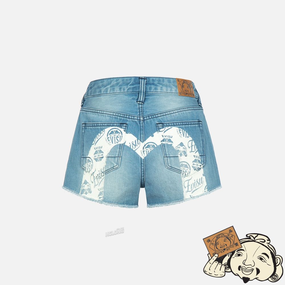 Women Evisu KAMON AND GODHEAD-PATTERN DAICOCK PRINT DENIM SHORTS Indigo | 168BQXEHA