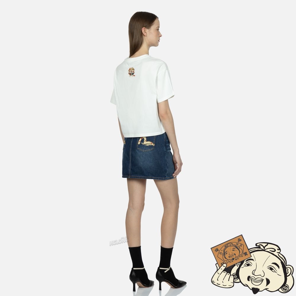 Women Evisu LOGO AND BROCADE-PATTERN KAMON PRINT T-SHIRT Blanche | 468JAVHKI